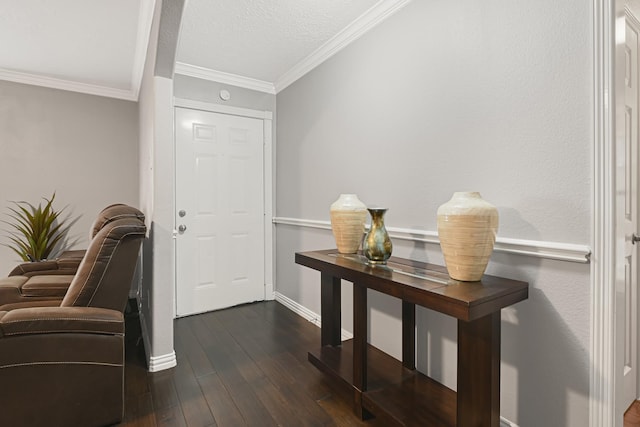 7162 Crownwest St Unit 7162, Houston, TX 77072 - entrance foyer with dark wood-style flooring, ornamental molding, a textured ceiling, and baseboards