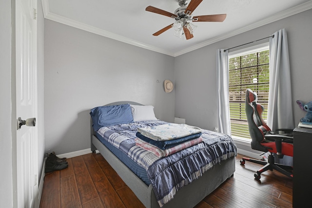 7162 Crownwest St Unit 7162, Houston, TX 77072 - bedroom with baseboards, ornamental molding, hardwood / wood-style flooring, a ceiling fan, and a desk