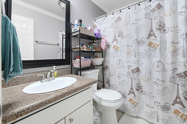 7162 Crownwest St Unit 7162, Houston, TX 77072 - bathroom with ornamental molding, vanity, toilet, and a shower with shower curtain