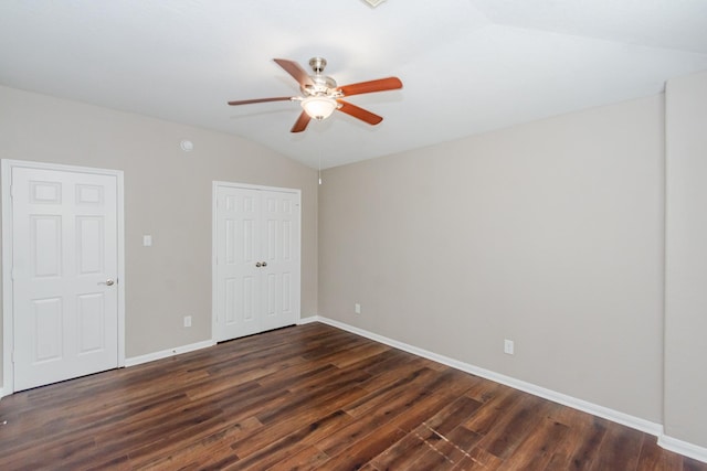 1802 Dominic Ln, Houston, TX 77049 - unfurnished bedroom featuring vaulted ceiling, dark wood-style flooring, baseboards, a closet, and ceiling fan