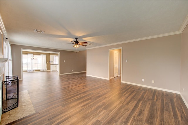 1322 Village Garden Dr, Missouri City, TX 77459 - unfurnished living room with ceiling fan, ornamental molding, dark wood-style flooring, a chandelier, and a fireplace with raised hearth