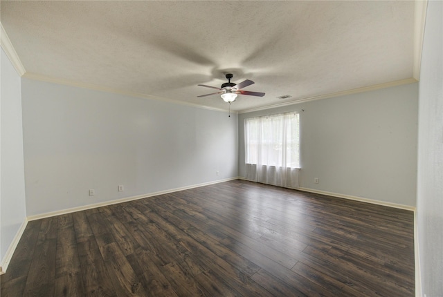 1322 Village Garden Dr, Missouri City, TX 77459 - empty room with a ceiling fan, ornamental molding, dark wood-type flooring, and a textured ceiling