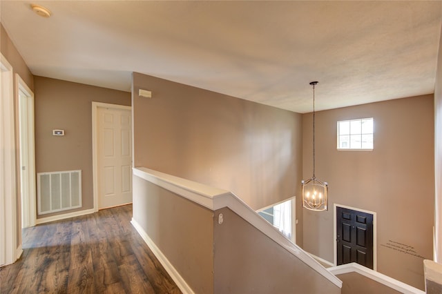1322 Village Garden Dr, Missouri City, TX 77459 - hall featuring an upstairs landing, a chandelier, and dark wood-style floors