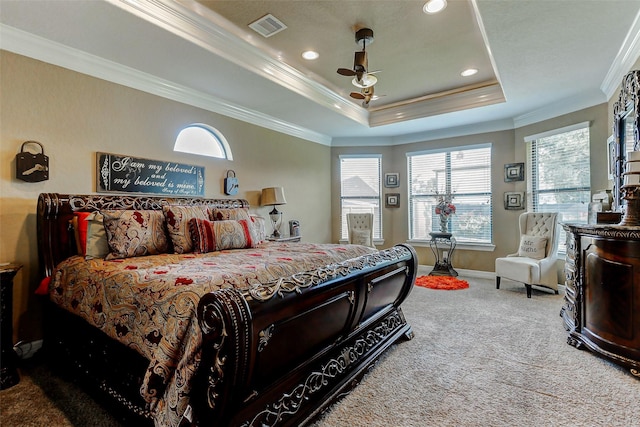 8215 Frontenac Dr, Houston, TX 77071 - bedroom with carpet, multiple windows, a raised ceiling, crown molding, and recessed lighting