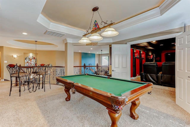 8215 Frontenac Dr, Houston, TX 77071 - recreation room with ornamental molding, carpet floors, a raised ceiling, and billiards