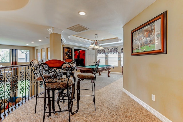 8215 Frontenac Dr, Houston, TX 77071 - carpeted dining space featuring baseboards, a raised ceiling, billiards, ornamental molding, and recessed lighting