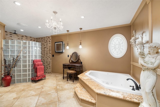 916 E James St, Baytown, TX 77520 - full bathroom featuring a whirlpool tub, walk in shower, recessed lighting, a chandelier, and crown molding