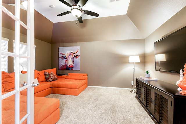 28515 Blue Holly Ln, Katy, TX 77494 - living area featuring carpet, lofted ceiling, a ceiling fan, and baseboards