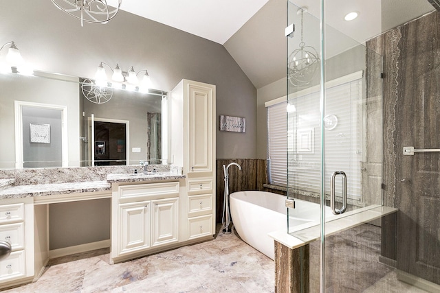 28515 Blue Holly Ln, Katy, TX 77494 - full bathroom featuring a freestanding bath, vanity, a stall shower, vaulted ceiling, and a chandelier