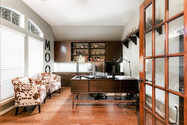 28515 Blue Holly Ln, Katy, TX 77494 - home office featuring vaulted ceiling and wood finished floors