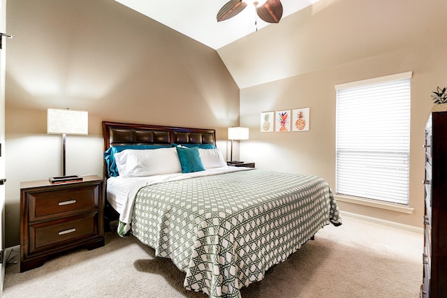 28515 Blue Holly Ln, Katy, TX 77494 - bedroom featuring light colored carpet, baseboards, vaulted ceiling, and ceiling fan