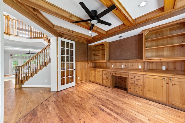 2042 Darby Ln, Fresno, TX 77545 - unfurnished office with ceiling fan, built in study area, light wood-style flooring, beamed ceiling, and recessed lighting