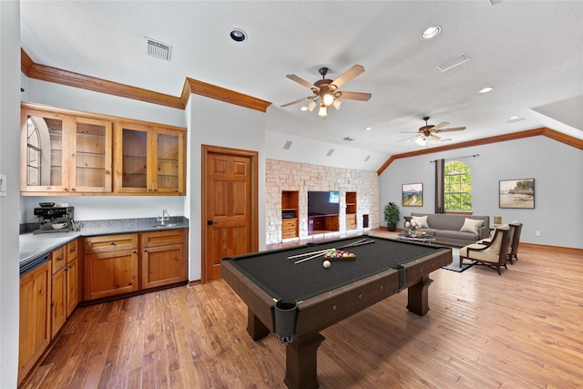 2042 Darby Ln, Fresno, TX 77545 - game room featuring vaulted ceiling, light wood finished floors, a ceiling fan, billiards table, and ornamental molding