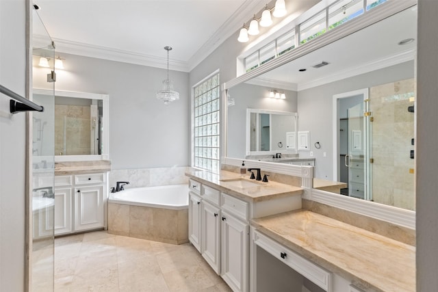 2042 Darby Ln, Fresno, TX 77545 - bathroom featuring a stall shower, a garden tub, two vanities, ornamental molding, and tile patterned flooring