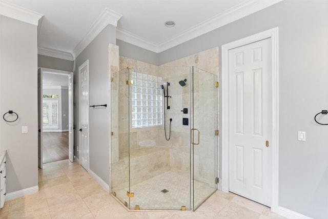 2042 Darby Ln, Fresno, TX 77545 - bathroom featuring baseboards, a shower stall, ornamental molding, vanity, and tile patterned floors