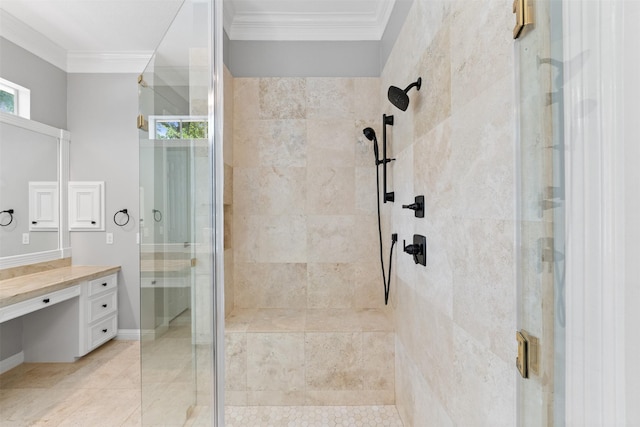 2042 Darby Ln, Fresno, TX 77545 - full bathroom with crown molding, a shower stall, and vanity