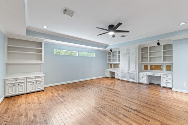 2042 Darby Ln, Fresno, TX 77545 - unfurnished living room featuring a raised ceiling, a ceiling fan, light wood-style flooring, crown molding, and baseboards