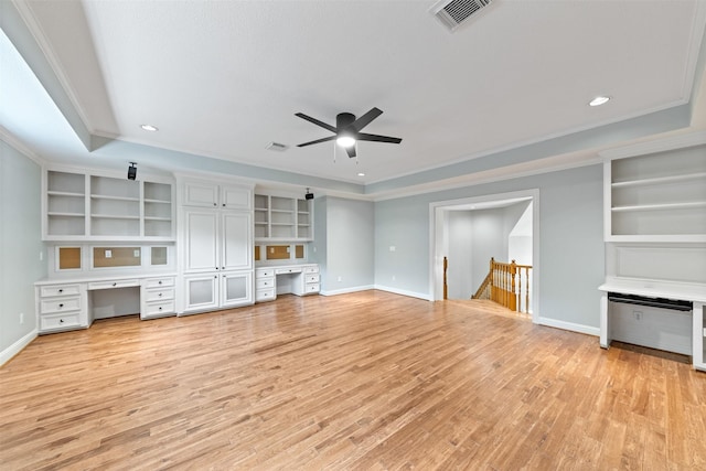 2042 Darby Ln, Fresno, TX 77545 - unfurnished living room with light wood-style floors, ceiling fan, baseboards, built in features, and recessed lighting