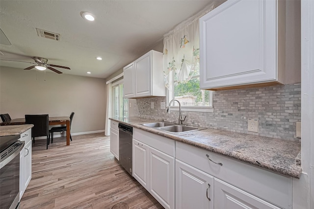 6134 Guadalupe St, Houston, TX 77016 - kitchen featuring a sink, dishwasher, backsplash, baseboards, and white cabinetry