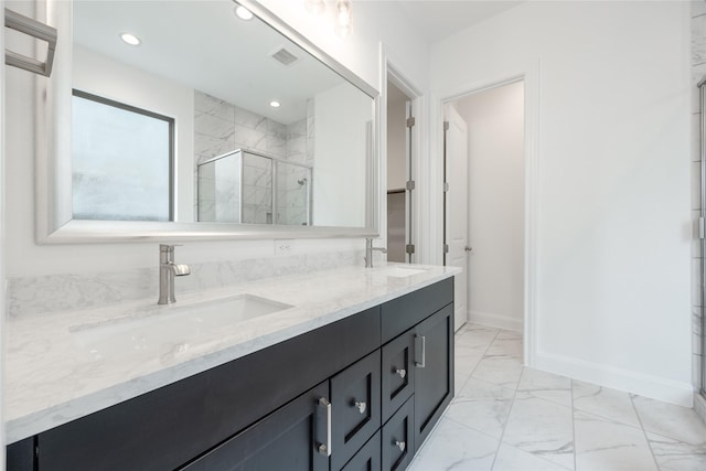 825 Laguna Green Ln, Katy, TX 77493 - full bath with marble look tiles, a shower stall, double vanity, baseboards, and recessed lighting