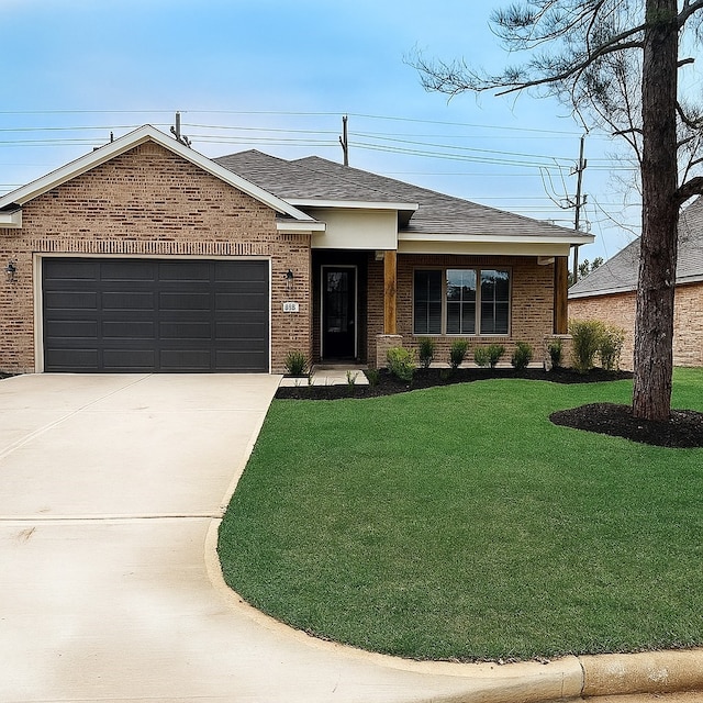 3522 Stonehenge, Montgomery, TX 77356 - view of front of property featuring brick siding, driveway, an attached garage, a front yard, and roof with shingles