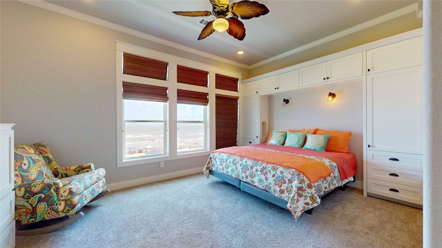 2414 Sand Drift Ln, Crystal Beach, TX 77650 - bedroom with crown molding, light carpet, baseboards, recessed lighting, and a ceiling fan