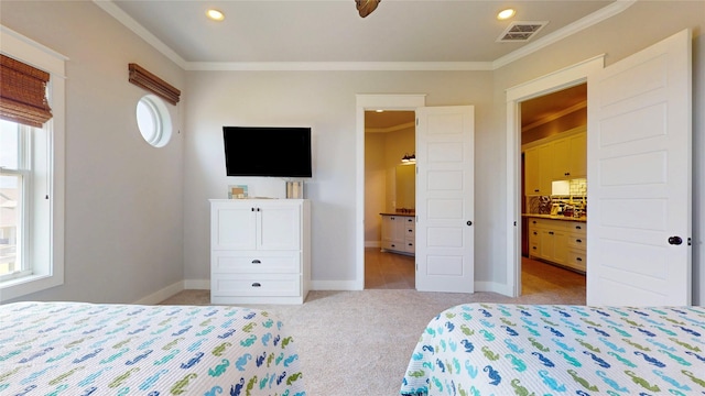 2414 Sand Drift Ln, Crystal Beach, TX 77650 - bedroom with carpet floors, ornamental molding, baseboards, ensuite bathroom, and recessed lighting