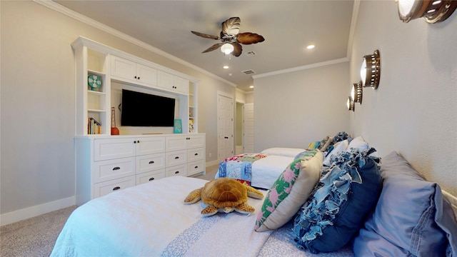 2414 Sand Drift Ln, Crystal Beach, TX 77650 - bedroom with baseboards, carpet floors, ornamental molding, recessed lighting, and a ceiling fan