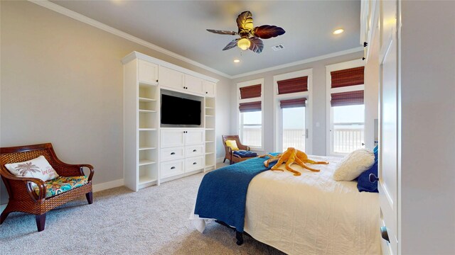 2414 Sand Drift Ln, Crystal Beach, TX 77650 - bedroom with crown molding, light colored carpet, baseboards, access to outside, and recessed lighting
