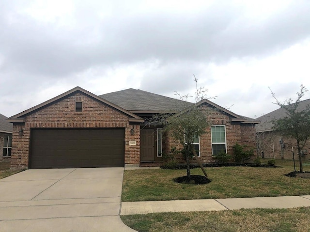3423 Single Ridge Way, Katy, TX 77493 - single story home featuring brick siding, a garage, concrete driveway, and a front yard