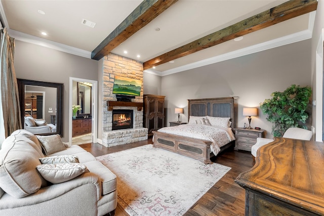 2722 N Southern Oaks Dr, Houston, TX 77068 - bedroom featuring beamed ceiling, dark wood-style flooring, ornamental molding, a fireplace, and recessed lighting