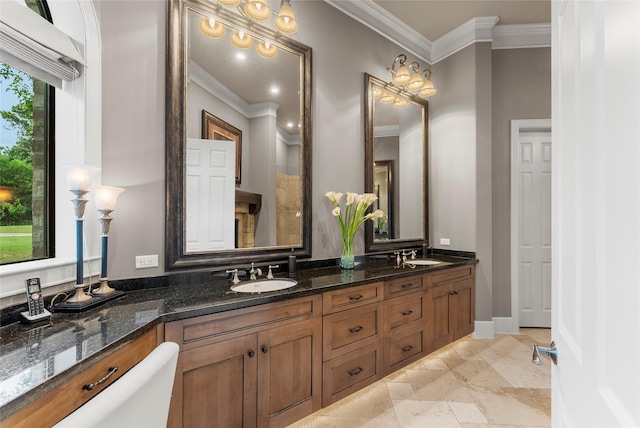2722 N Southern Oaks Dr, Houston, TX 77068 - full bath featuring crown molding, double vanity, and stone finish floors