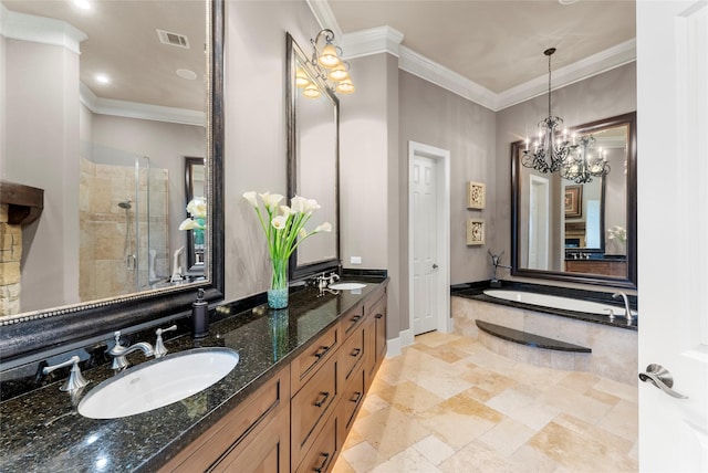 2722 N Southern Oaks Dr, Houston, TX 77068 - full bath featuring a shower stall, double vanity, a bath, ornamental molding, and a chandelier