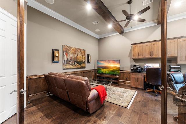 2722 N Southern Oaks Dr, Houston, TX 77068 - home office featuring ceiling fan, dark wood-style floors, ornamental molding, a wainscoted wall, and beam ceiling