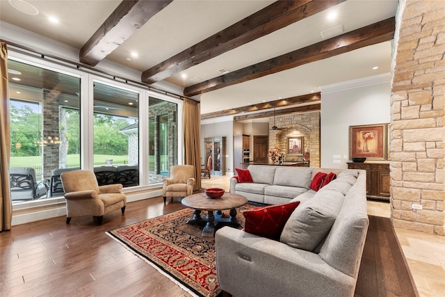 2722 N Southern Oaks Dr, Houston, TX 77068 - living room with beam ceiling, wood-type flooring, and ornamental molding