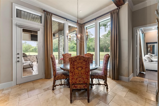 2722 N Southern Oaks Dr, Houston, TX 77068 - dining space featuring ornamental molding, stone tile flooring, plenty of natural light, and a chandelier