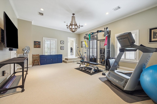 3428 Wickersham Ln, Houston, TX 77027 - exercise room with carpet flooring, baseboards, a chandelier, healthy amount of natural light, and crown molding