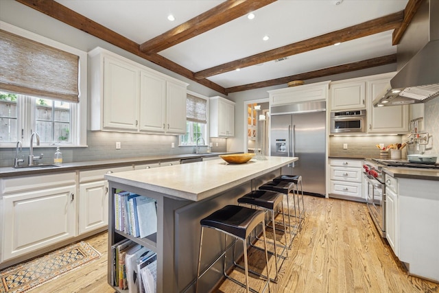 3428 Wickersham Ln, Houston, TX 77027 - kitchen with high quality appliances, wall chimney range hood, a sink, tasteful backsplash, and a kitchen island