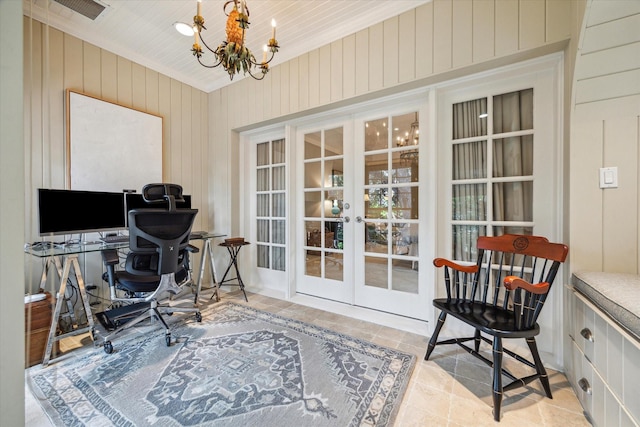 3428 Wickersham Ln, Houston, TX 77027 - office area with french doors, a chandelier, ornamental molding, and stone finish floors