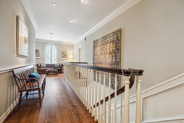3428 Wickersham Ln, Houston, TX 77027 - hall with wood finished floors, crown molding, recessed lighting, and an upstairs landing