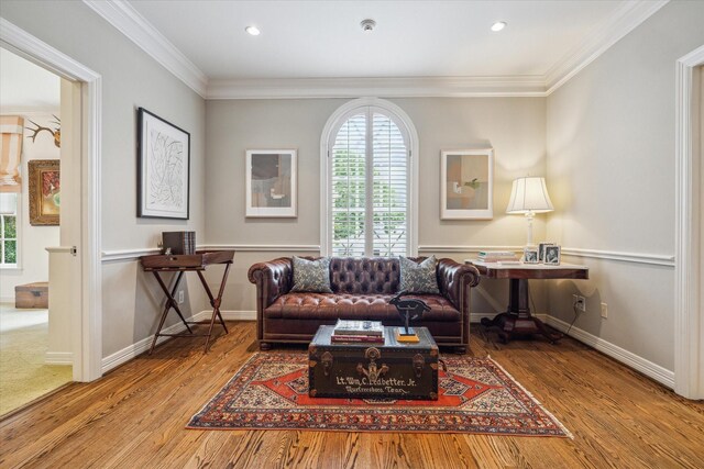 3428 Wickersham Ln, Houston, TX 77027 - living room with healthy amount of natural light, wood finished floors, ornamental molding, baseboards, and recessed lighting