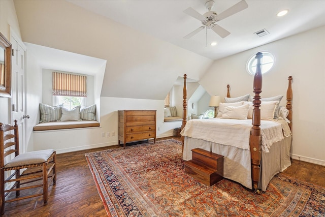 3428 Wickersham Ln, Houston, TX 77027 - bedroom with multiple windows, wood finished floors, baseboards, vaulted ceiling, and recessed lighting