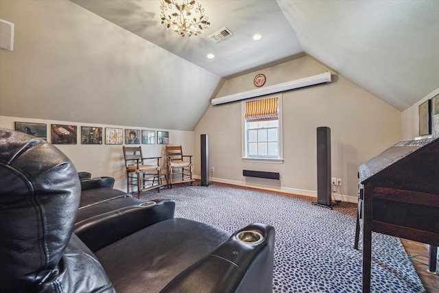 3428 Wickersham Ln, Houston, TX 77027 - carpeted living room with vaulted ceiling, baseboards, and recessed lighting