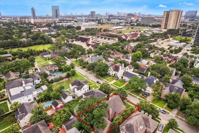3428 Wickersham Ln, Houston, TX 77027 - aerial view of property's location with city skyline and property parcel outlined