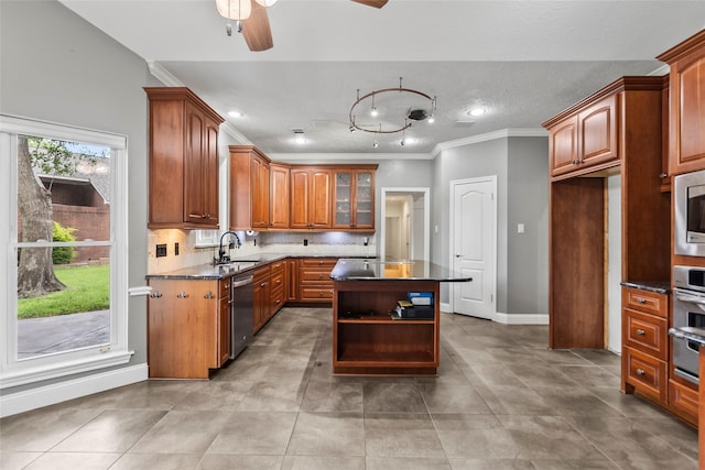4206 Misty Timbers Way, Houston, TX 77345 - kitchen featuring stainless steel dishwasher, ceiling fan, ornamental molding, a kitchen island, and brown cabinets
