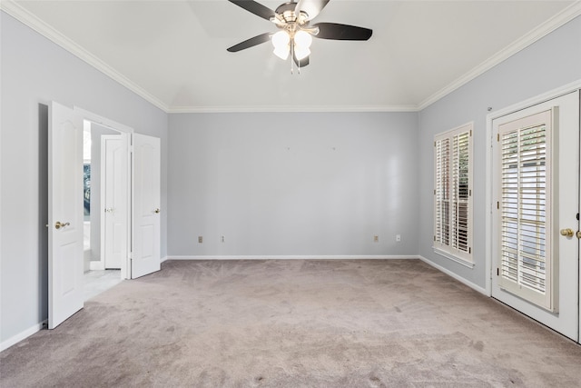 4206 Misty Timbers Way, Houston, TX 77345 - unfurnished bedroom with carpet, ornamental molding, baseboards, access to outside, and ceiling fan