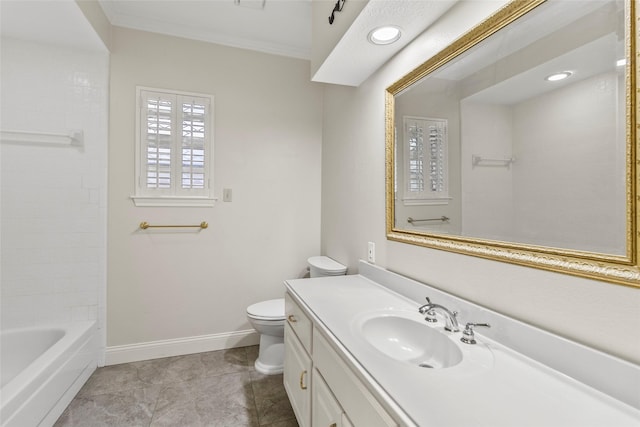 4206 Misty Timbers Way, Houston, TX 77345 - full bathroom with toilet, vanity, baseboards, crown molding, and washtub / shower combination