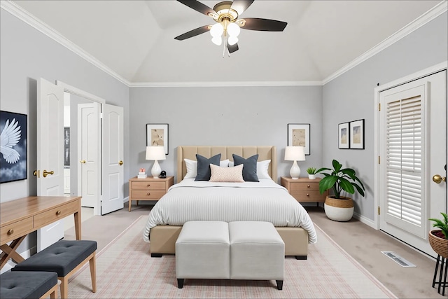 4206 Misty Timbers Way, Houston, TX 77345 - bedroom featuring light colored carpet, lofted ceiling, ornamental molding, a ceiling fan, and baseboards