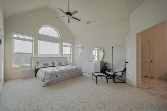 27003 Lindenwood Creek Ln, Katy, TX 77494 - bedroom featuring high vaulted ceiling, carpet flooring, ceiling fan, and baseboards