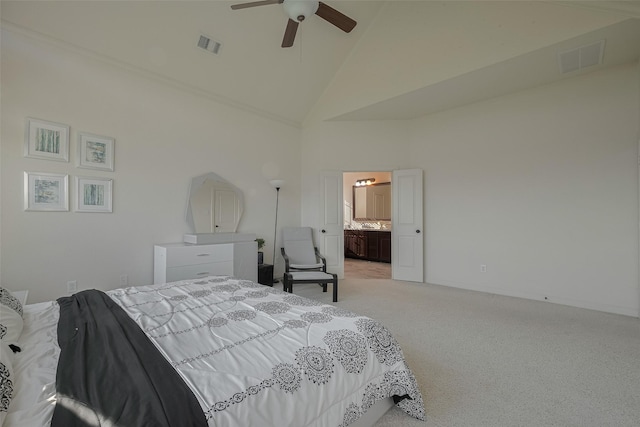 27003 Lindenwood Creek Ln, Katy, TX 77494 - bedroom featuring light carpet, high vaulted ceiling, a ceiling fan, ensuite bathroom, and baseboards